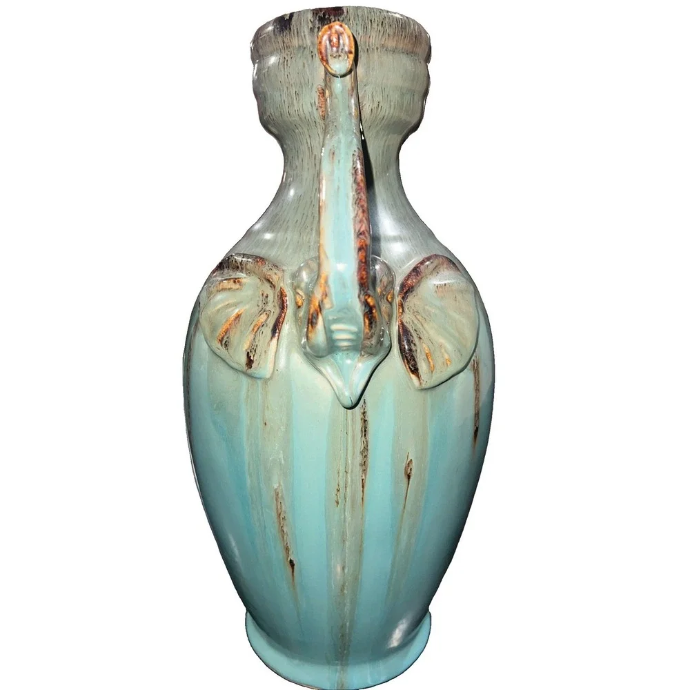 15/ Vintage Ceramic Large Drip Glaze Vase Double Elephant Head Handles Turquoise